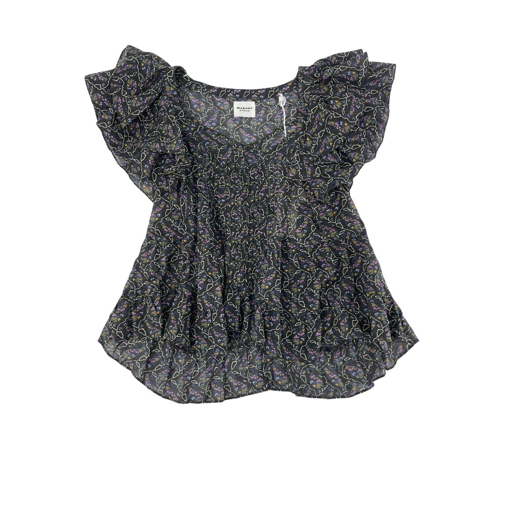 Marant Etoile Madrana Top 38 Faded Black Good Floral Ruffle Flutter Sleeve